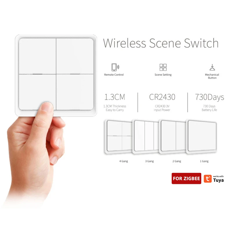 Tuya ZigBee Smart Switch 4Gang Wireless Scene Switch Button Controller Off Automation Szenen können für jede Taste eingestellt werden