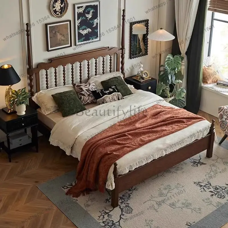 Factory Direct Sales French Medieval Ash Wood Solid Wood Retro American High and Low Pillar Bed