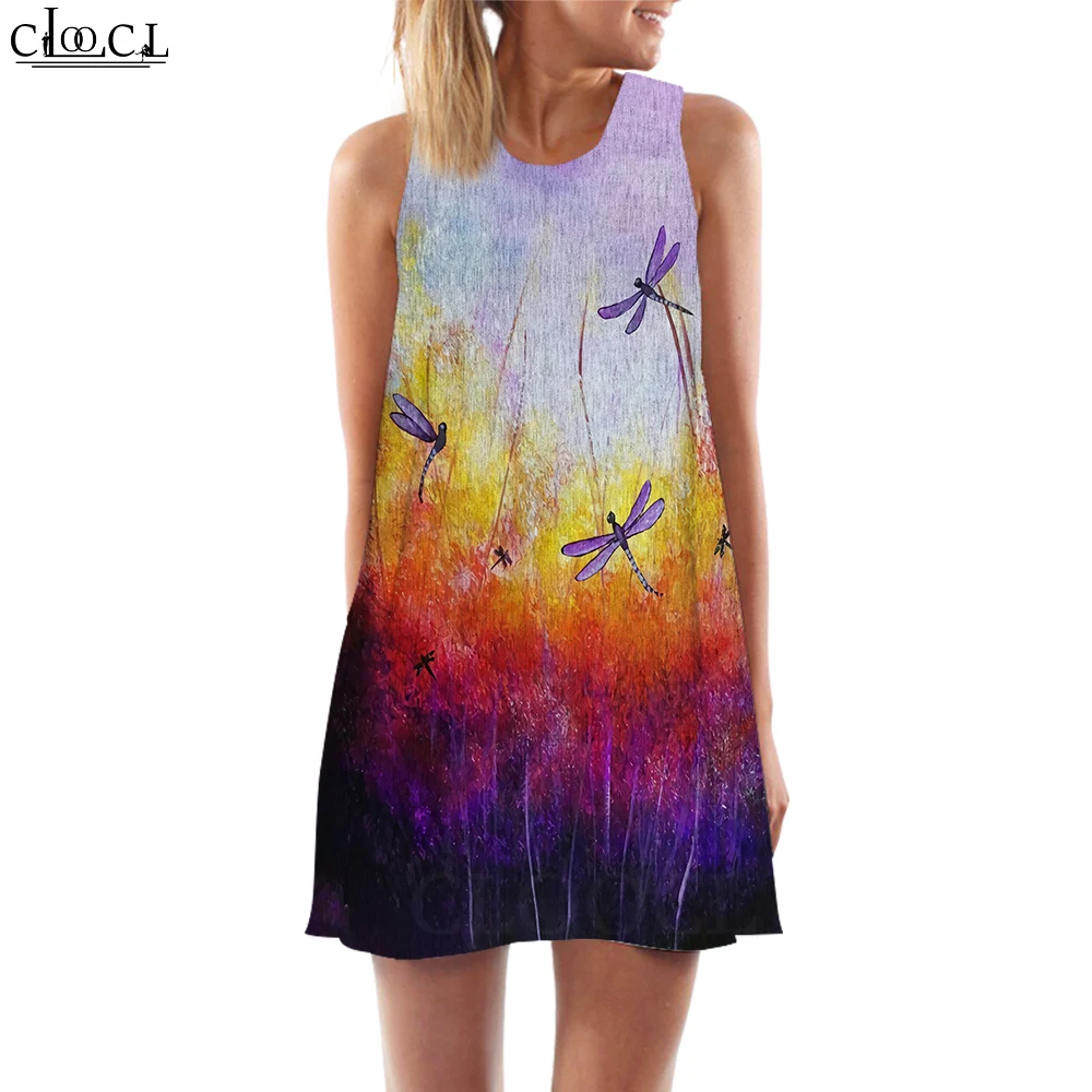 

CLOOCL Women Tank Tops Dragonfly Retro Graphics 3D Print Loose Dress Summer Short Female Sleeveless Princess Dress Drop Shipping