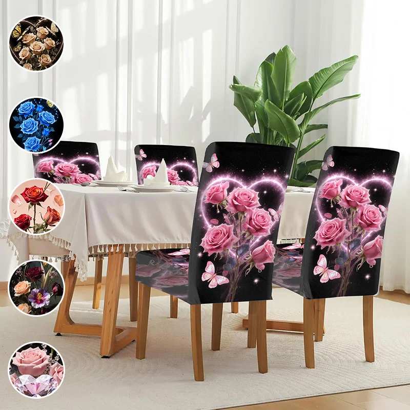 High Elastic Print Dining Chair Cover, Dream Rose Bouquet Pattern, Suitable for Family Dining Table and Chairs