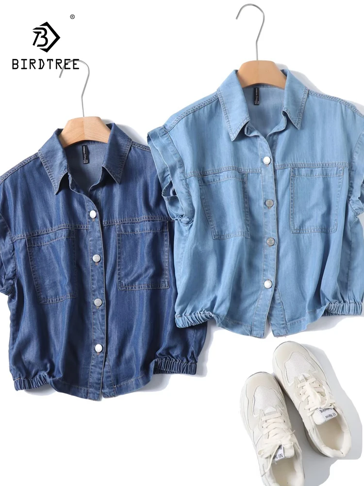 

New 2025 Summer Flying Sleeve Tence Denim Shirt, Women Polo-Neck Pocket Button, Mori Girl Retro Simplicity Loose Blouse T55042CC