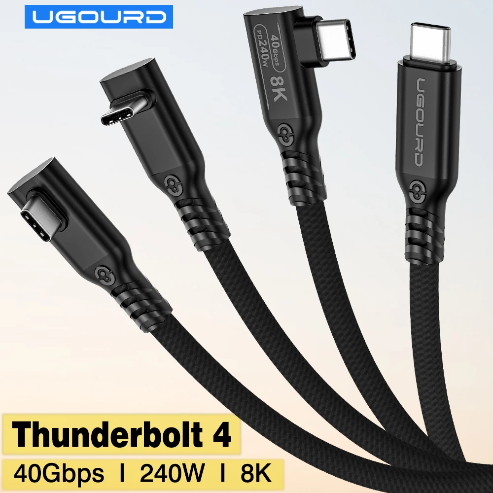 UGOURD Thunderbolt 4 Elbow USB4 Cable 40Gbps PD240W 8K@60Hz Type C to C 90 Degree Side Vertical Bend Braided Cable for SSD EGPU