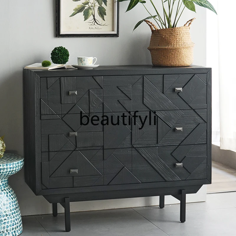 Modern simple wabi-sabi wind black carved living room entrance locker dining side cabinet