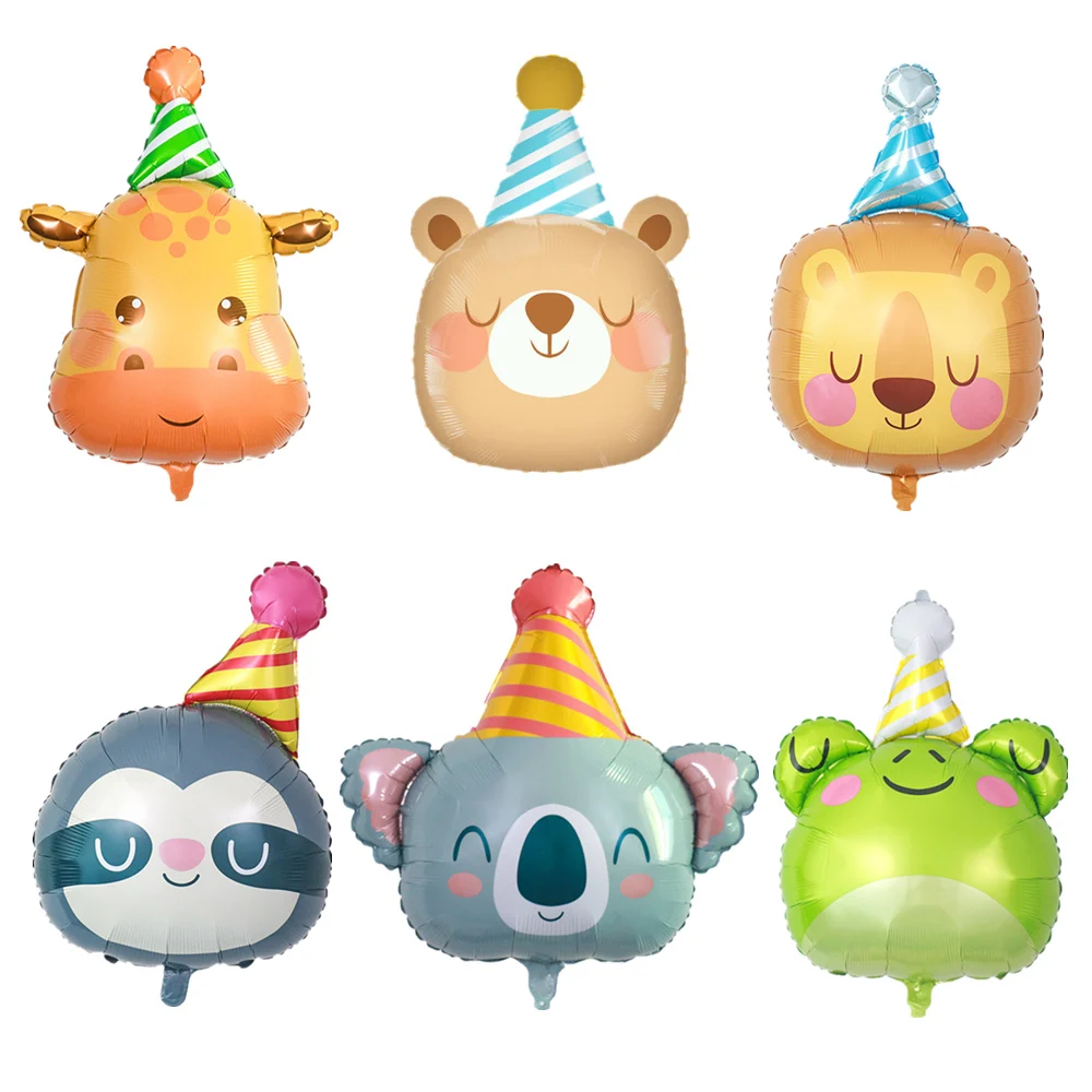 

1 cute birthday hat small animal shaped birthday party decoration cartoon giraffe penguin holding cak teddy bear foil balloon