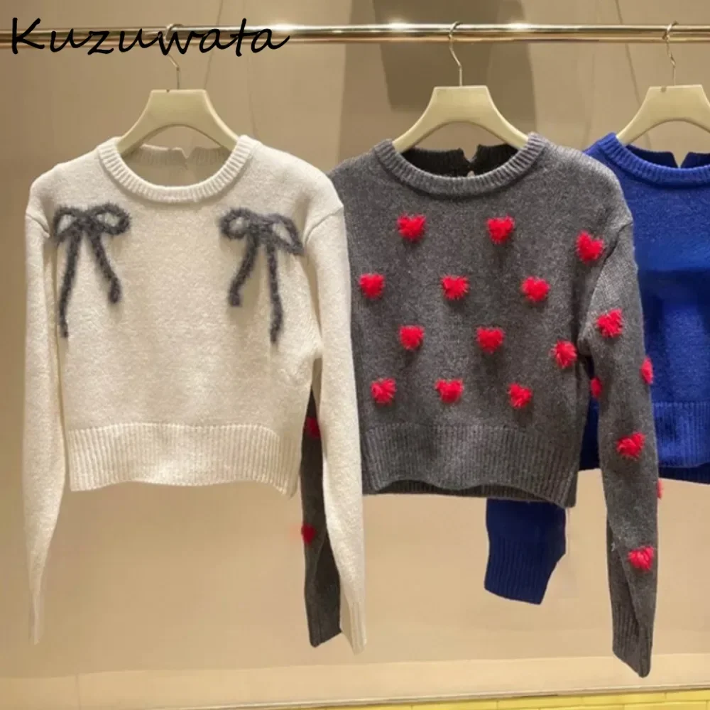 Kuzuwata Minderheit süß o Hals Langarm Pullover Strick bogen 3d Blume schöne gestrickte Japan All-Match Pullover sanfte Pull Femme