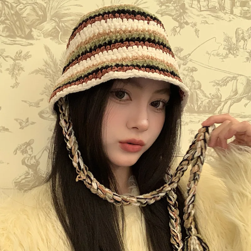Colorful Striped Hand Knitted Fisherman's Hat Ladies Autumn and Winter Outdoor Warm Tie Braid Basin Hat 3