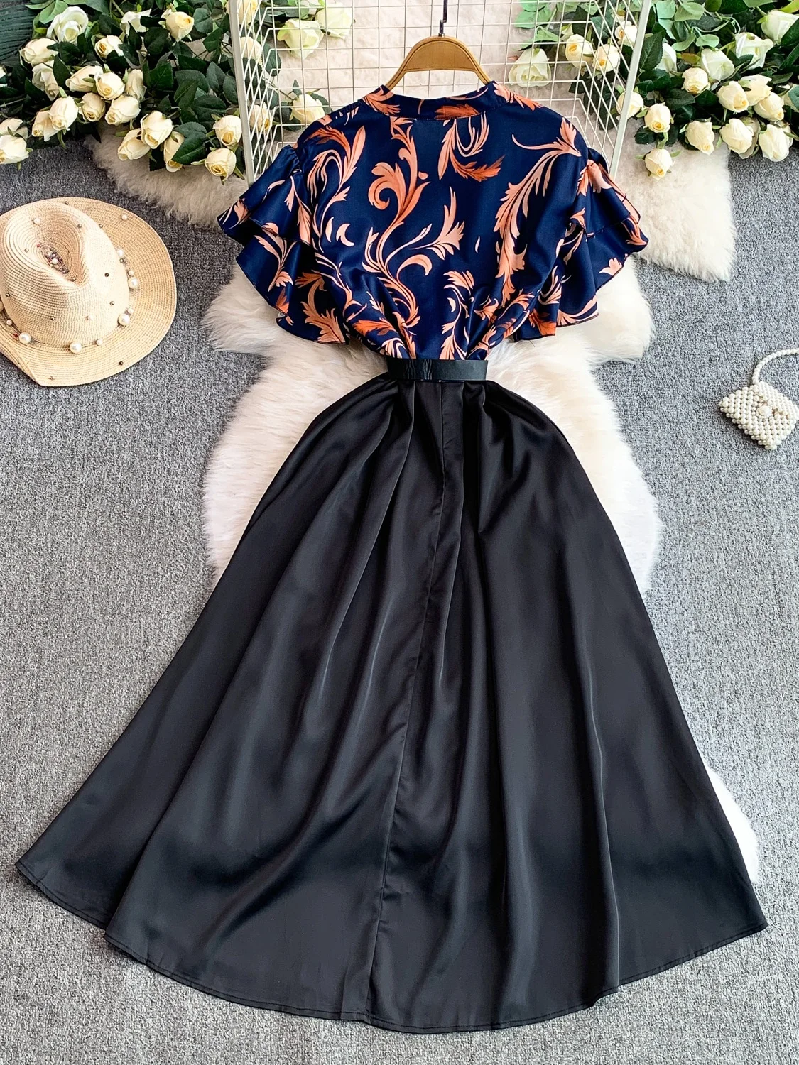 بلوزة ريترو مطبوعة من الساتان Sve طويلة الدكتور المرأة الخريف الشتاء زر واحد سليم صالح تنورة كاملة الدكتور عالية الخصر ort Sve