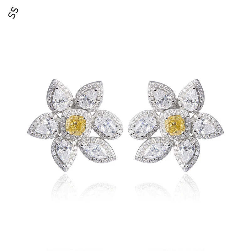 

New Sunflower Pair Earrings Superior Sense Temperament Simple Ice Cut High Carbon Diamond Floral Stud 925 Sterling Silver