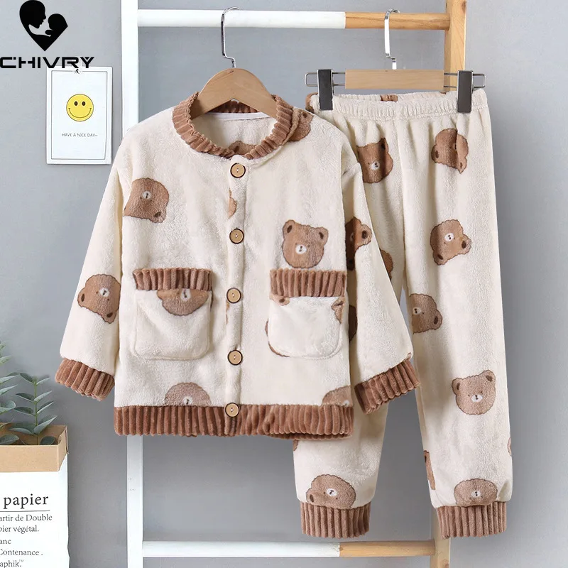 New 2023 Autumn Winter Kids Thicken Warm Flannel Pajamas Baby Boys Girls Cartoon Bear Long Sleeve Clothes Sets Sleepwear Pyjamas