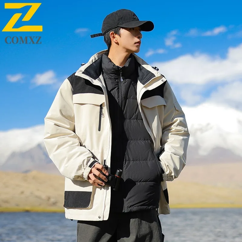 

COMXZ High Quality Hot Sale Down Jacket Men Trend Workwear Color Block Dual Zip Thickened Thermal Hooded outdoor sports Top 2025