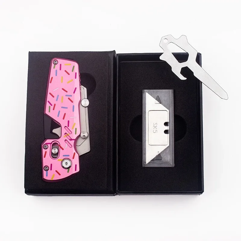 BHBT NEW EDC Donut Aluminium Alloy Outdoor Mini Folding Knife Utility Knife Portable Single-handed Quick-opening Courier Knife