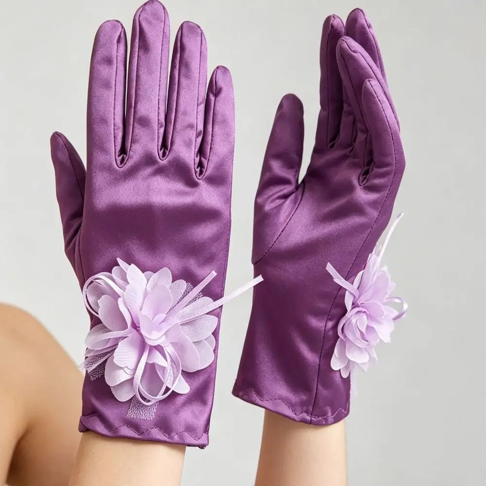 New Short Style Satin Bridal Glove Flower Decor Elegant Evening Glove Exquisite Smooth Party Costume Glove Evening