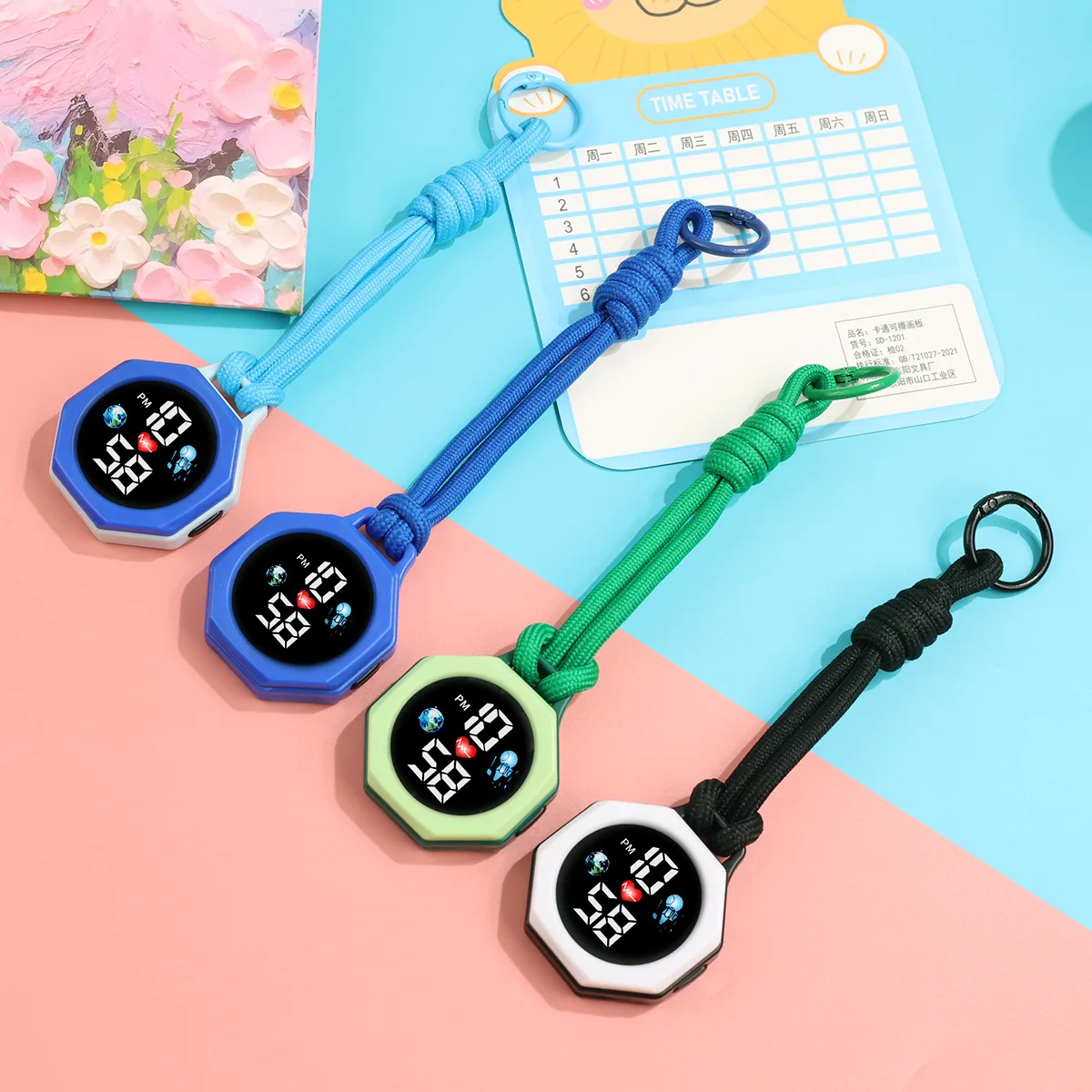 Portable Hanging Lanyard Pocket Watches for Kids Large Night Light Display Silent Digital Watch Girls Hang on Backpack Keychain