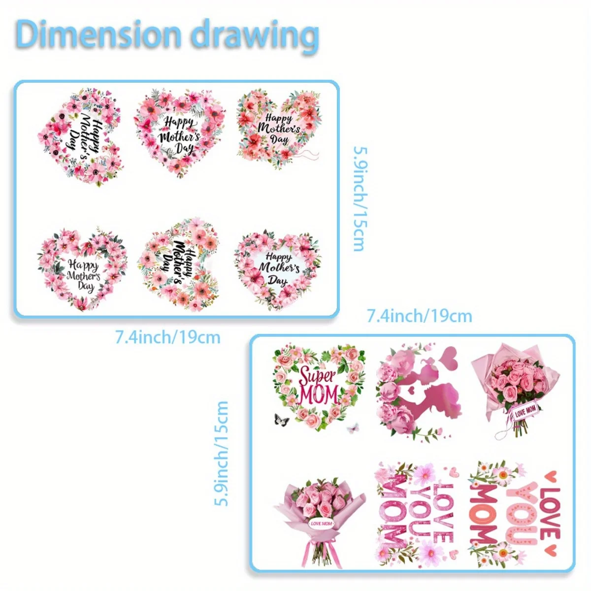 12PCS/SET Pink Happy Mother's Day DIY Light Beigeny Tumblers Wrap Decorative Transfer Paper UV DTF High Self-adhensive Wraps