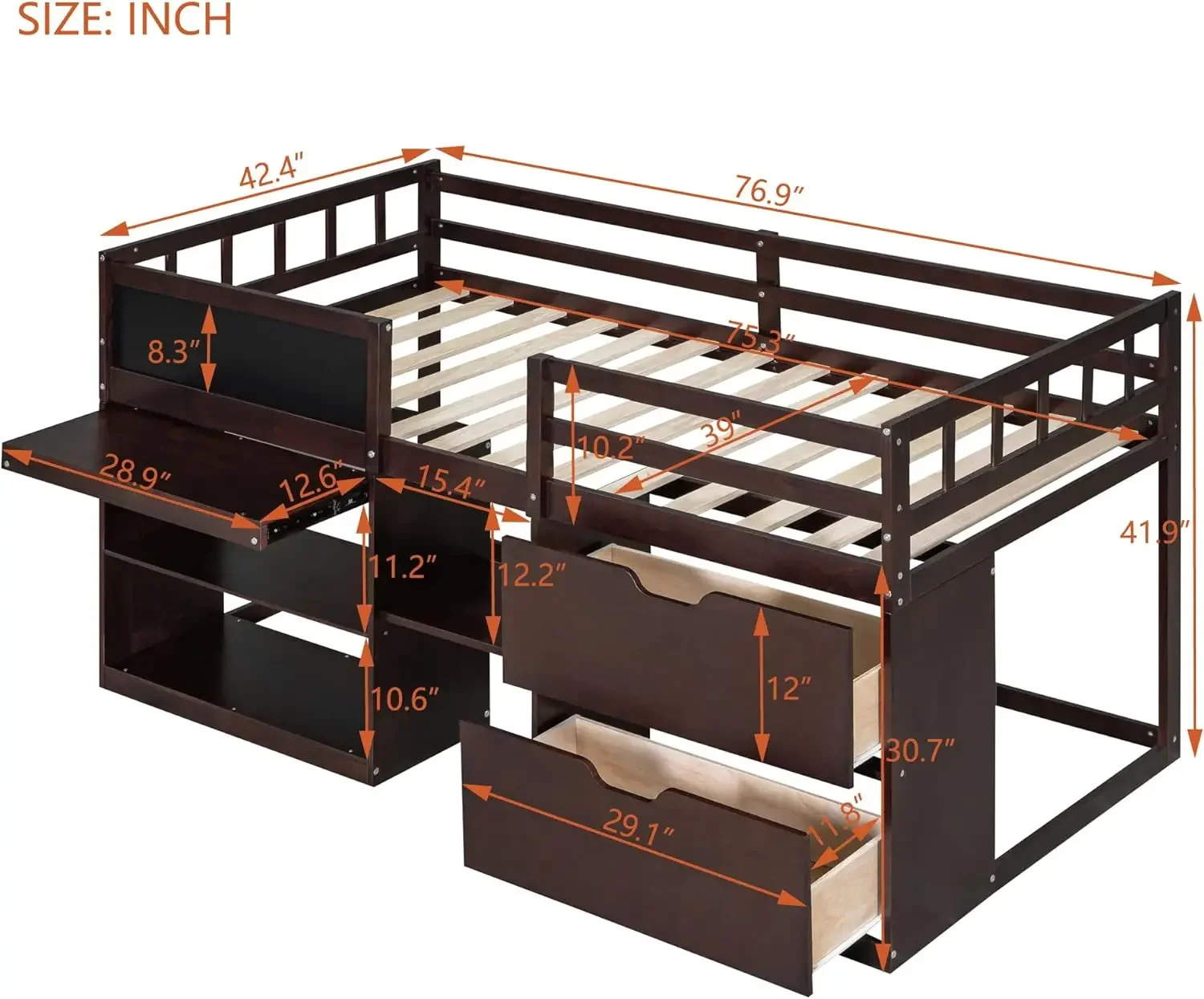 Harper & Bright Designs Low Loft Bed With Rolling Desk And Storage Shelves, Twin Size Loft Beds With 2 Drawers And Chalkboard,