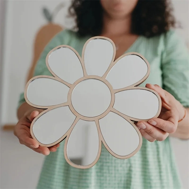 Ins Nordic Style Wooden Acrylic Daisy Mirror for Home Bedroom Wall Decoration, Exclusive Decorative Mirror for Girls' Room, Easy to Hang on the Wall, No-Drill Mirror, Mirror Suitable for Decorating Walls