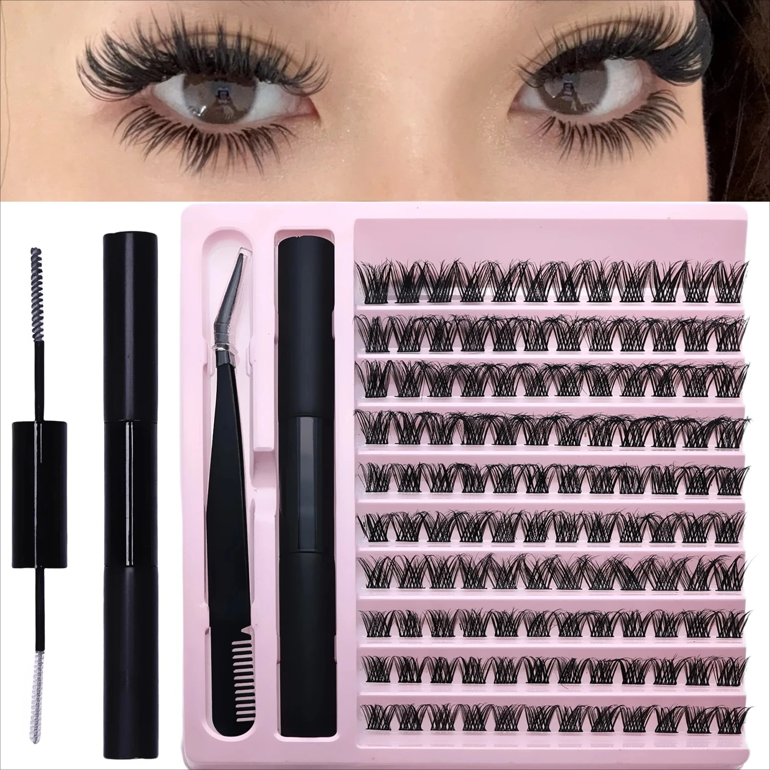 DIY Eyelash Extension Kit 10 Rows Lash Clusters with Bond Seal Tweezers and Brush D Curl Fluffy Individual Lashes