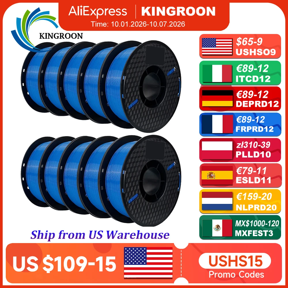 KINGROON 10KG PLA Filament PETG 3D Filament 1.75mm For 3D Printer Filament 10 Rolls/Set Mixed Colors and Materials FDM Printing Fast Ship