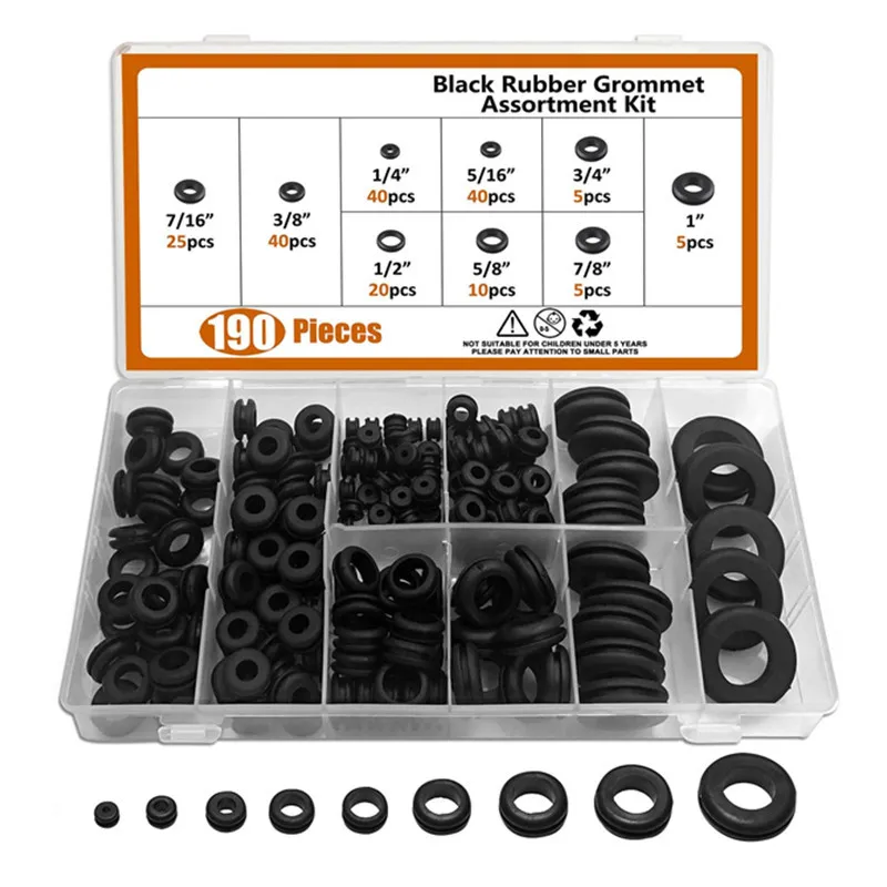 

190pcs O Ring Rubber Grommet hole plug Assortment Kit For Wire Cable Hole Plug 3/16" 7/32" 1/4" 5/16" 3/8" 7/16" 9/16" 5/8" 3/4"
