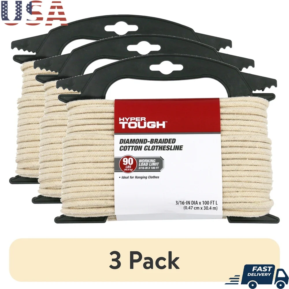 

3 упаковки, 420 футов, натуральный хлопковый шпагат, сверхпрочная веревка для белья, внутренняя и наружная, низкоэластичная, устойчивая к истиранию, прочная плетеная веревка