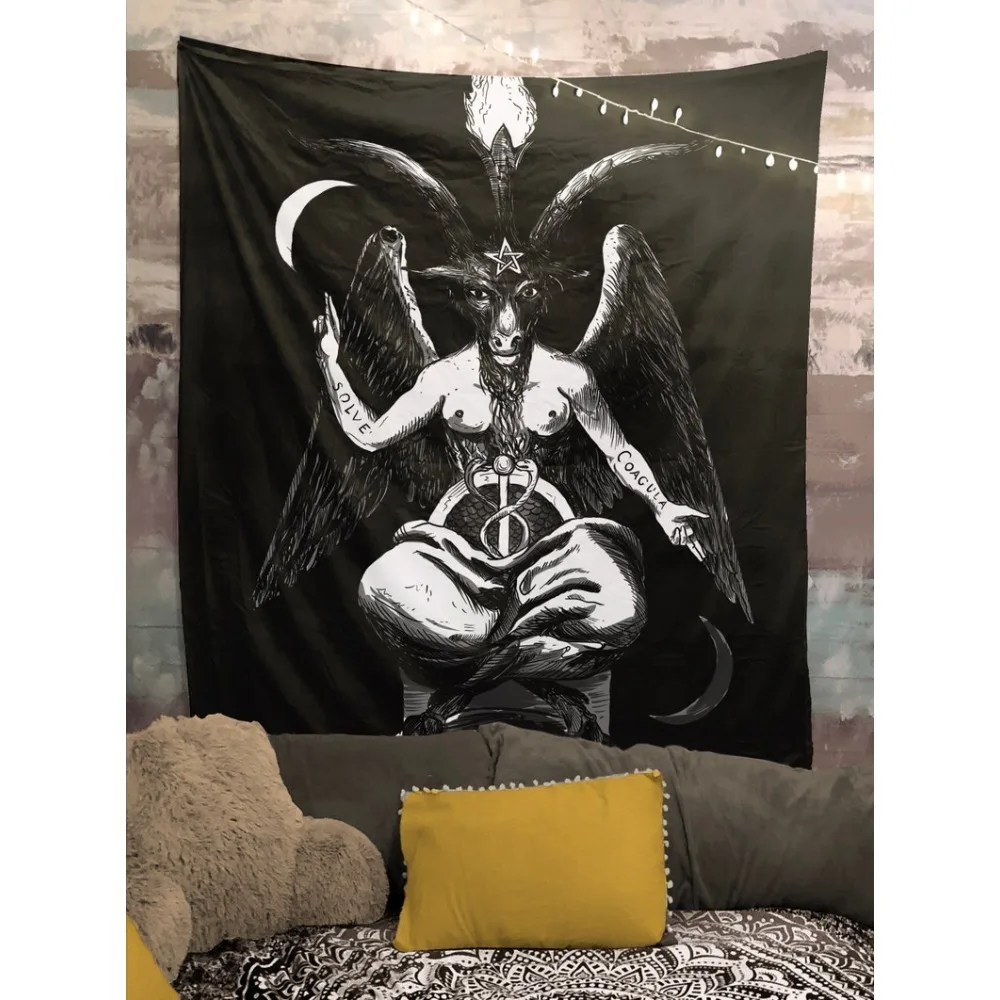 1 Stück Gotischer Baphomet Wandteppich 2D Polyester Wandkunst Okkulter Ziegengott-Druck für Schlafzimmer Studentenwohnheim Hexen-Ästhetik Wandbehang