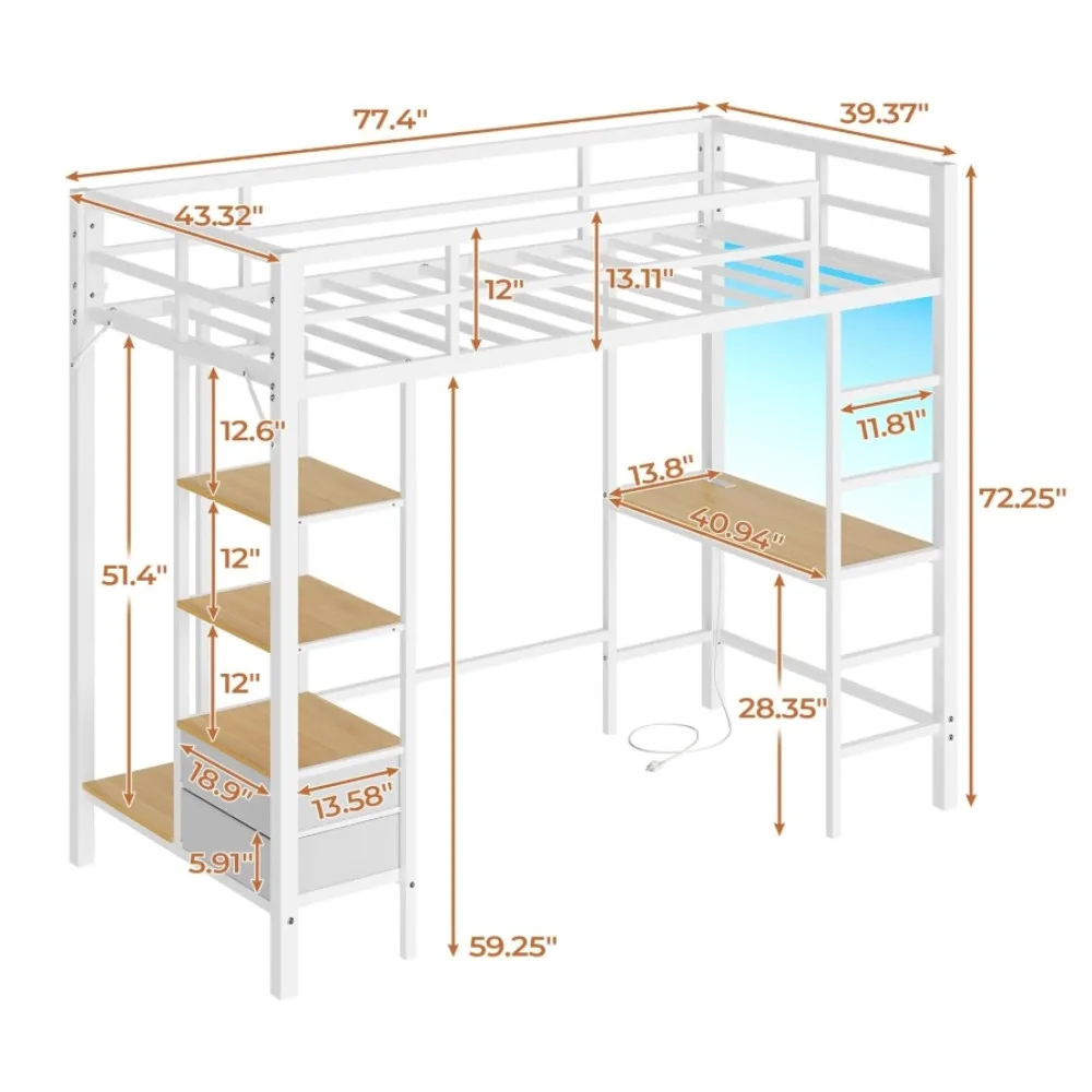 Loft Bed Twin Size with Desk and Charging Station Metal Loft Bed with Led Lights,Storage Shelves and Drawers Twin Size Bed image 2