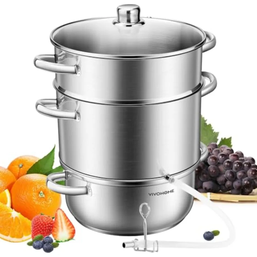 

Stainless Steel Steam Juicer Fruit Vegetables Juice Steamer Extractor Pot 27.5 cm 9.3 Qt with Tempered Glass Lid 2 Hose Clamp L