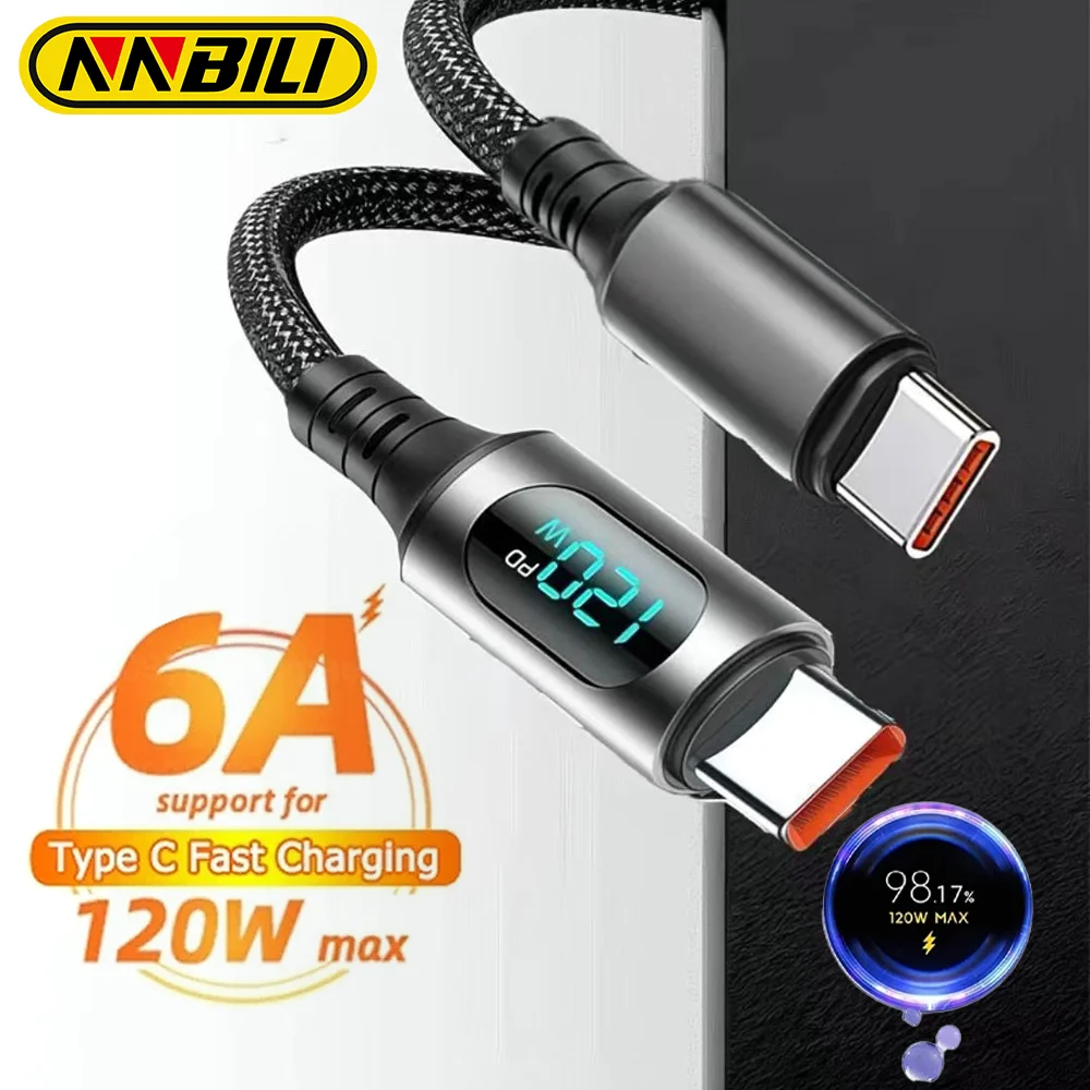 NNBILI 120W USB C do Type C z cyfrowym wyświetlaczem, super szybkie ładowanie, kabel USBA do Type C 6A do Xiaomi Huawei Samsung S26 Oneplus