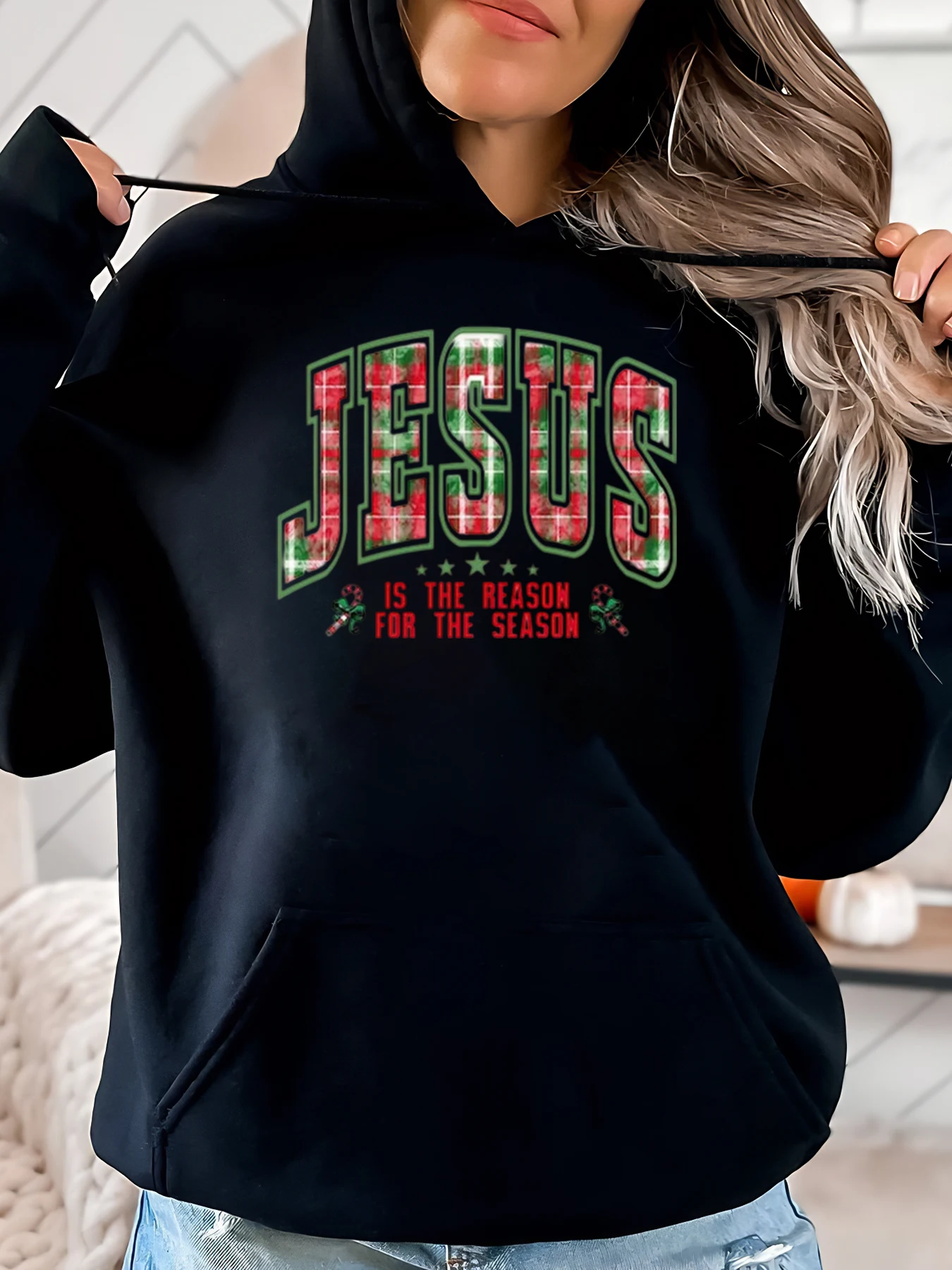 

Рождественская толстовка с клетчатым принтом «Иисус — причина сезона», женская праздничная повседневная одежда, черная, больших размеров