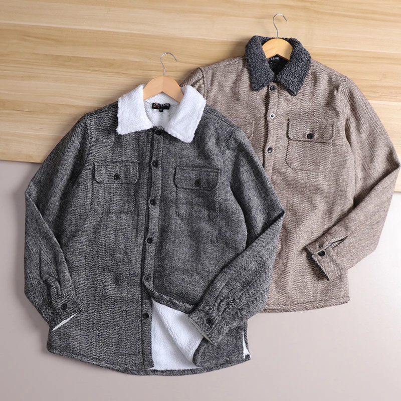 

Heavyweight Woolen Men's Winter Outdoor Fce Lined Stand Collar Lamb Velvet Warm Workwear Jaet Coat Faion Urban Sle