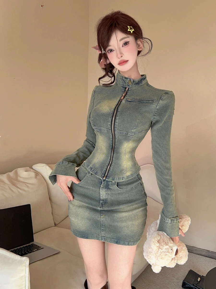 

Faionable Retro ort Zipper Denim Jaet Long Sve High Waist Bodycon Skirt Two Piece Set for Young Women