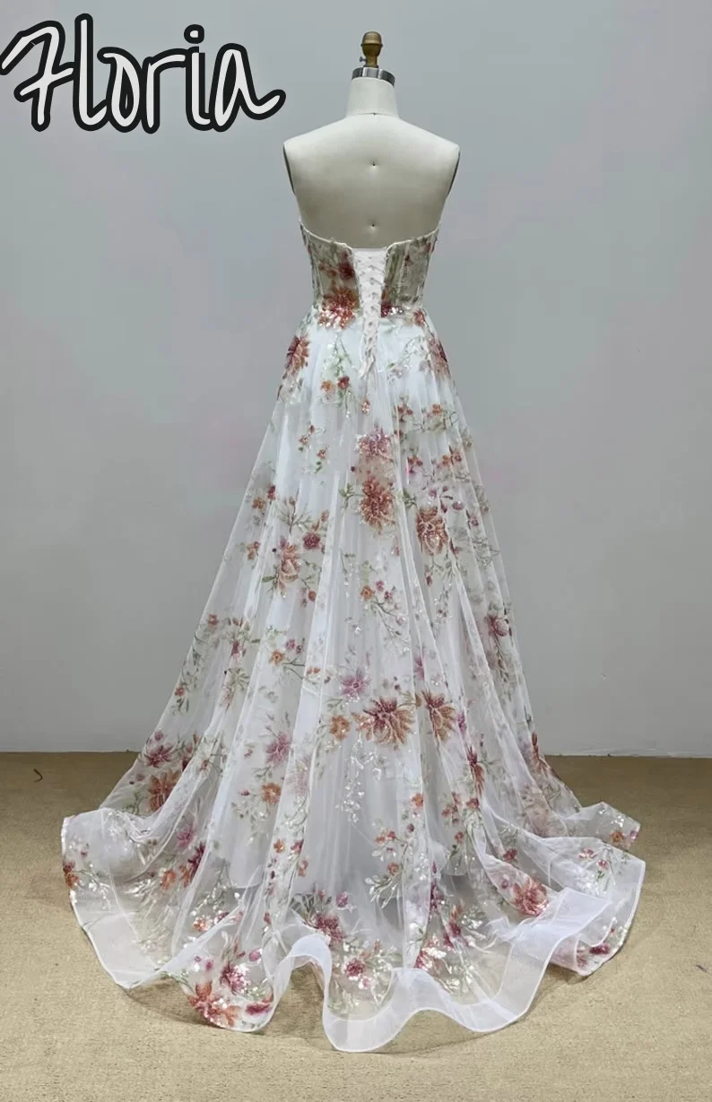 Floria Elegant Beading Sequined Party Dresses Blossom Off The Shoulder Prom Dresses Slit Tulle Formal Evening Dresses