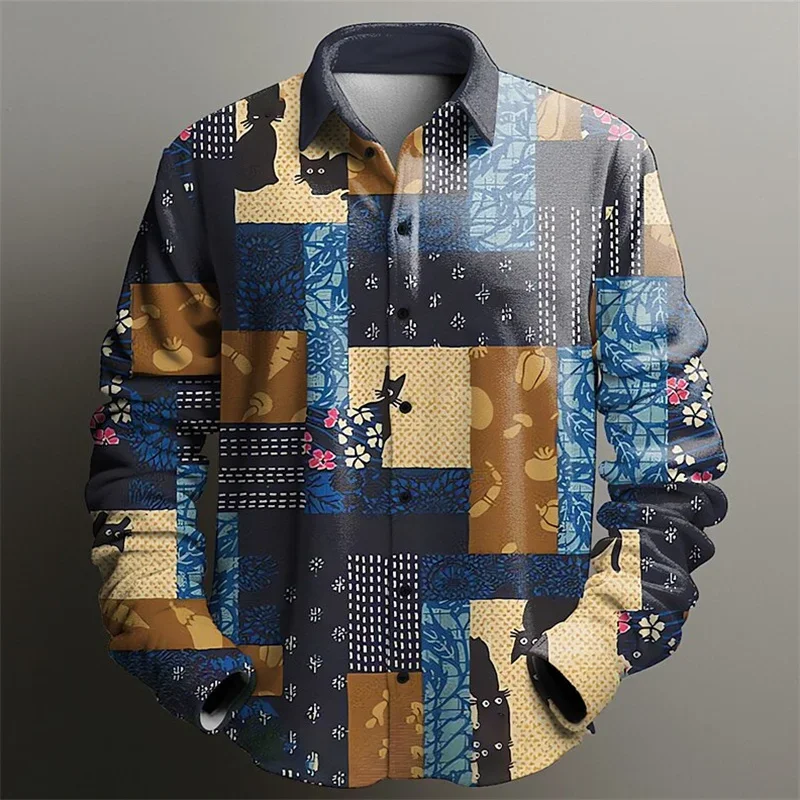 Men's shirts with personalized pattern printed lapel long sleeves large size daily business casual comfortable long sleeves