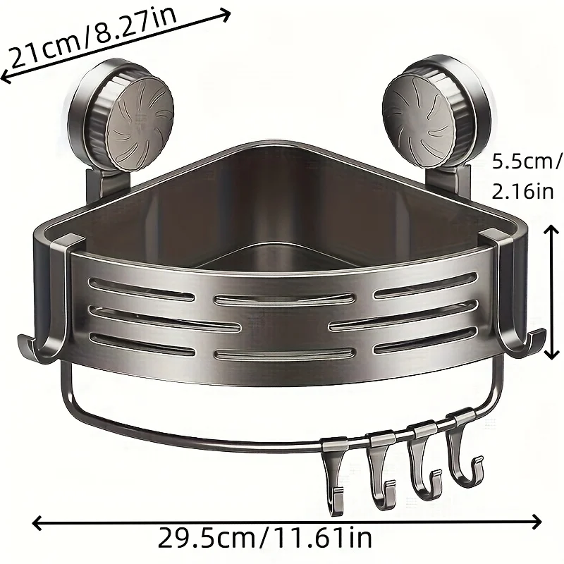 Space-Saving Suction Cup Bathroom Shelf - No Drilling Required, Strong Triangular Rack with Hooks, Suitable for Shower And Toile