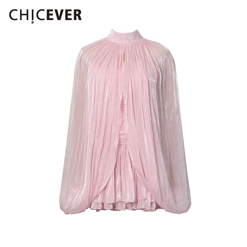 

CHICEVER Solid Spliced Folds Two Piece Set Female Stand Collar Sleeveless Shawl Gentle Elegant Women's Dress Sets Summer Fashion