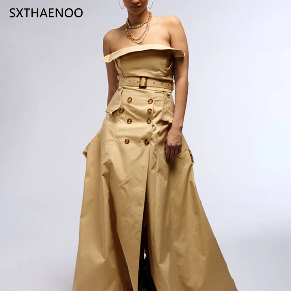 

SXTHAENOO Slimming Spliced Double Breasted Fashion Long Dresses Women Strapless Sleeveless Patchwork Pockets Dress Female 2025