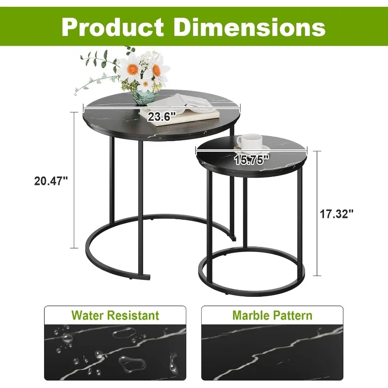 Mesa de centro anidada negra, juego de 2 lados, marco negro y mesa redonda de madera de mármol negro, mesa auxiliar industrial lateral.