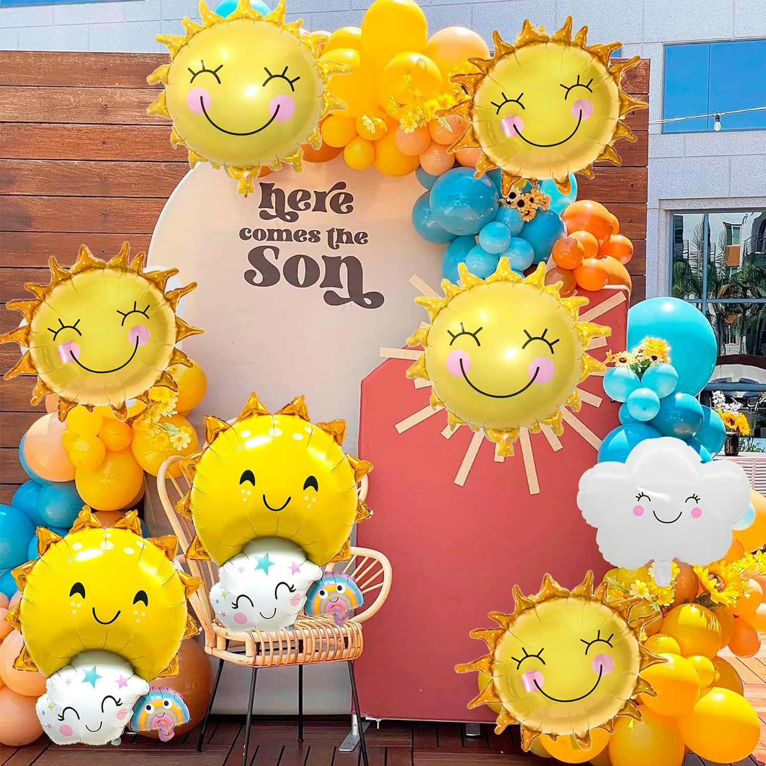 5pcs Golden Smiling Sunflower Aluminum Film Balloon Set Birthday Wedding Summer Theme Baby Welcoming Party Decoration