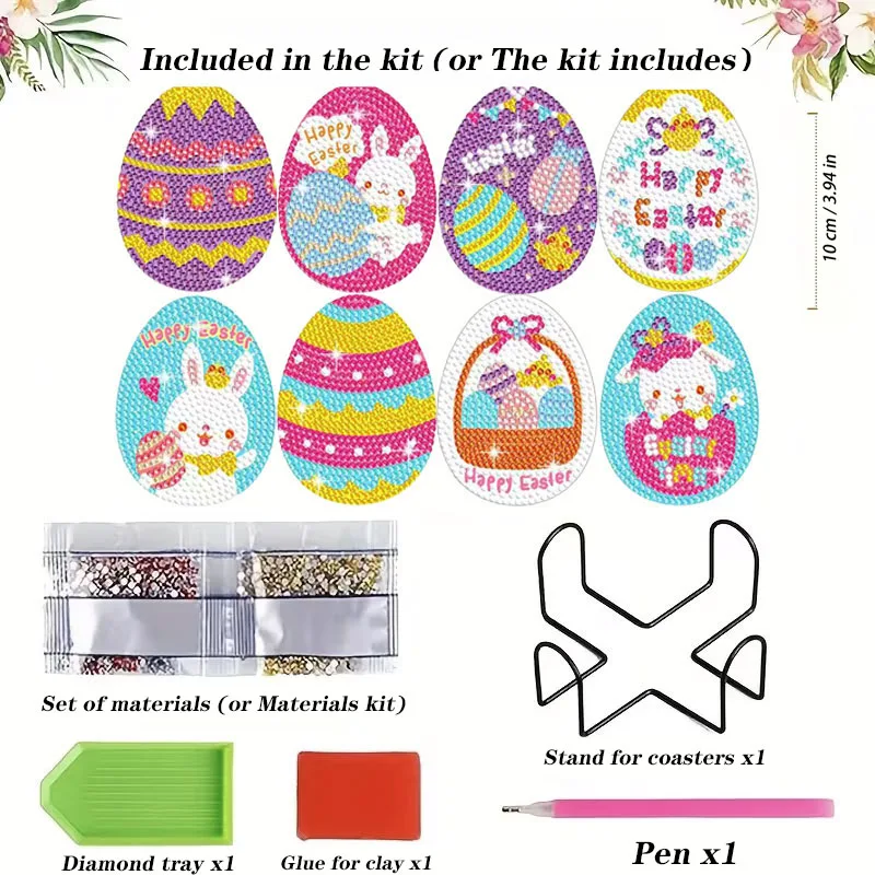 8PCS Easter Egg Bunny Diamond Painting Coasters with Holder, Full Drill DIY Crystal Art Kit for Beginners, Home Decor Gift