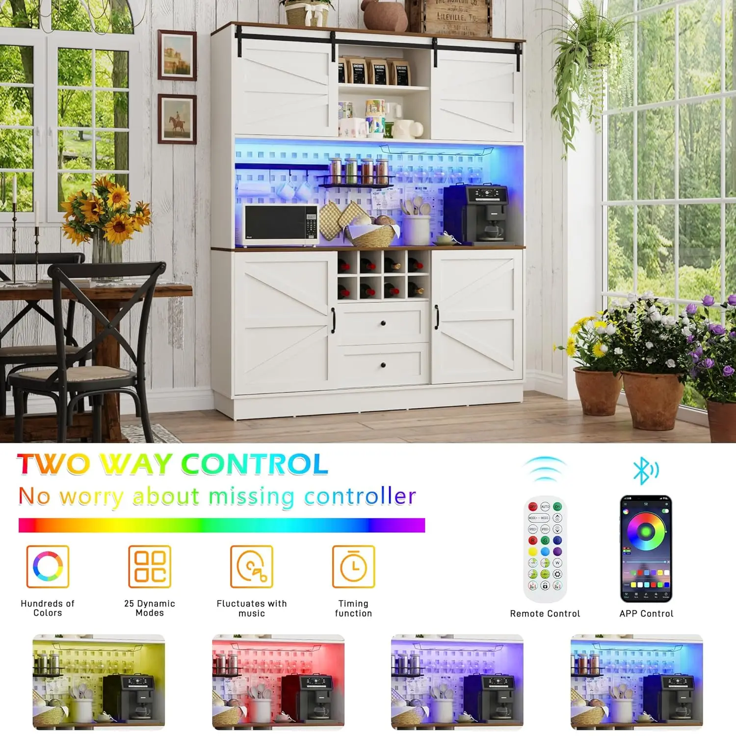 

XL Kitchen Pantry Hutch w/ Outlet Pegboard LED Microwave Shelf Wine Rack 4 Barn Doors 2 Drawers Dining Custom