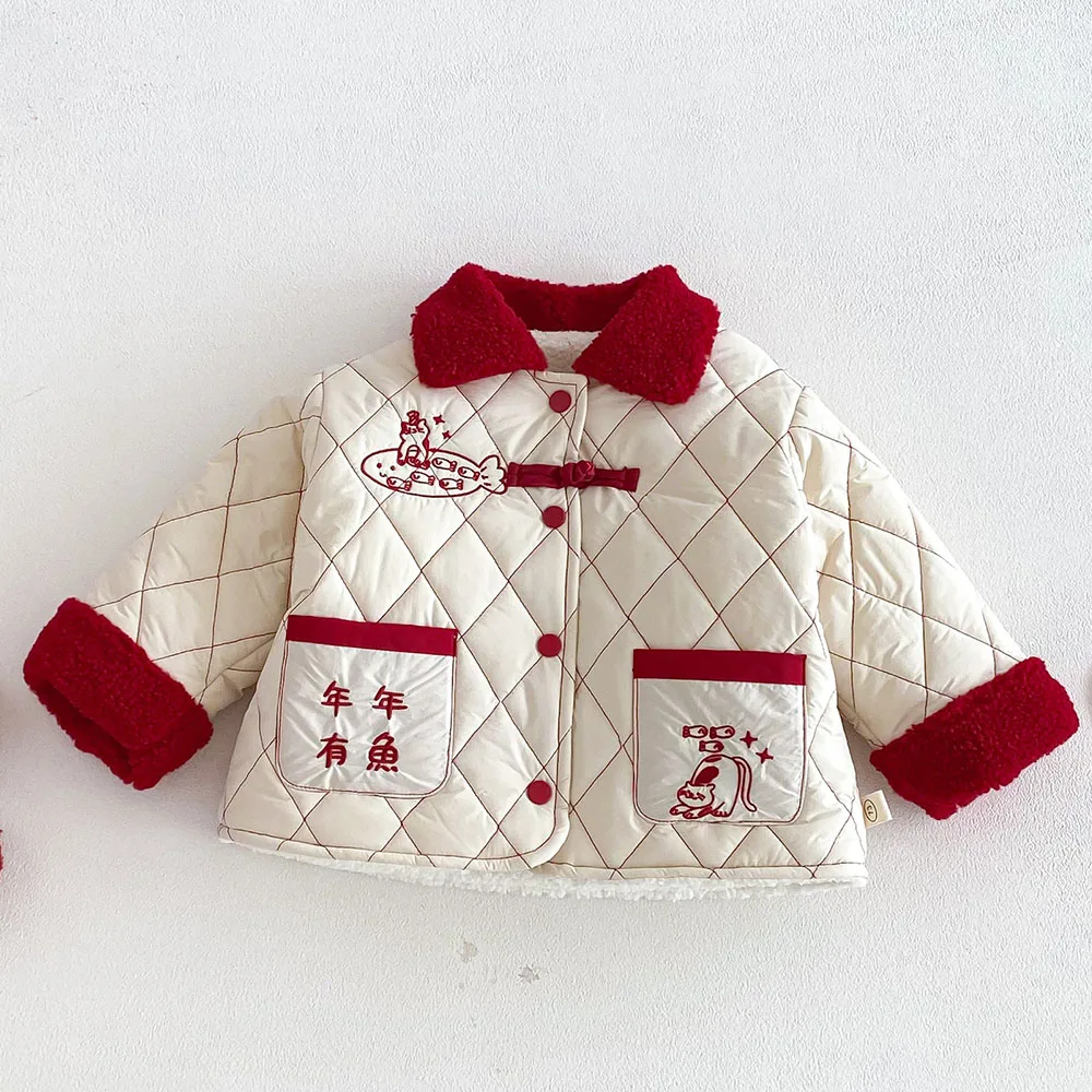 أطفال ملابس الأولاد الشتاء سترة المخملية الدافئة التطريز السنة الصينية الجديدة الأطفال معاطف بدوره إلى أسفل طوق عيد الميلاد ملابس خارجية #4