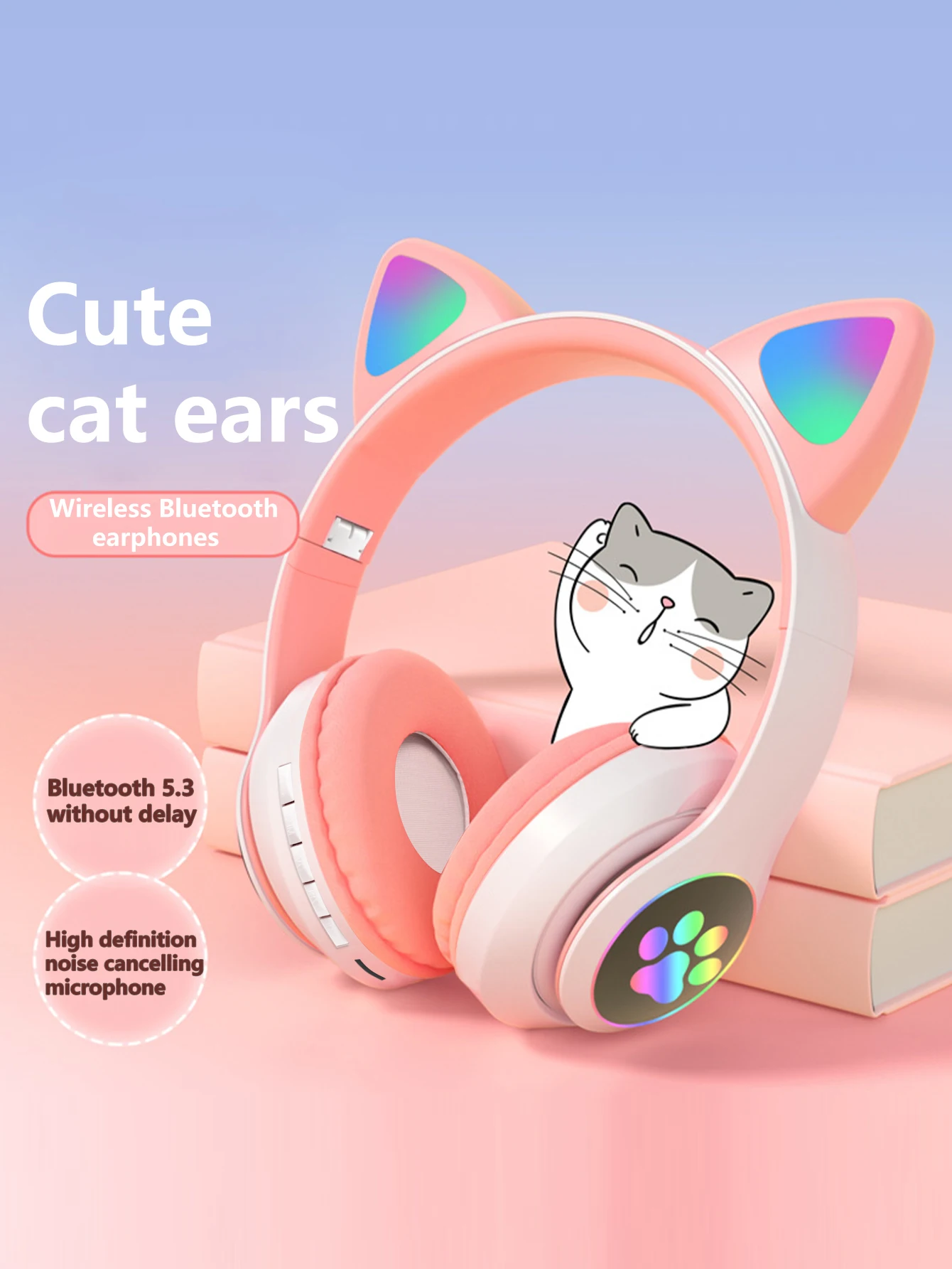 Cute Led Glowing Cat Ear Wireless Bluetooth Headphones Deep Bass_voghion.com