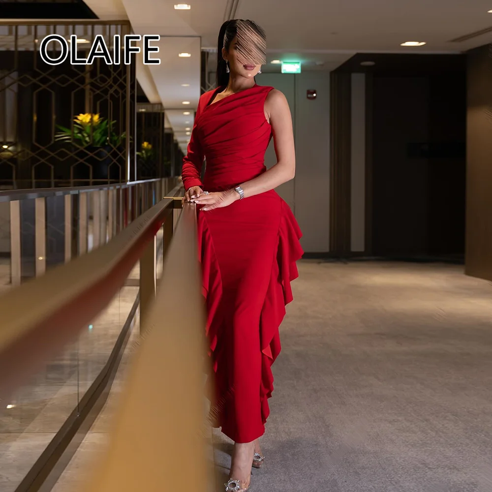 

Dubai Evening Bridesmaid Dress One Shoulder Satin Ruffles Sheath Sexy Backless Ankle-Length Evening Arab Gown Customized
