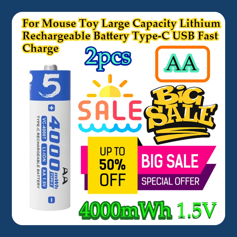 

2pcs For Mouse Toy AA 1.5V 4000mWh Large Capacity Lithium Rechargeable Battery Type-C USB Fast Charge