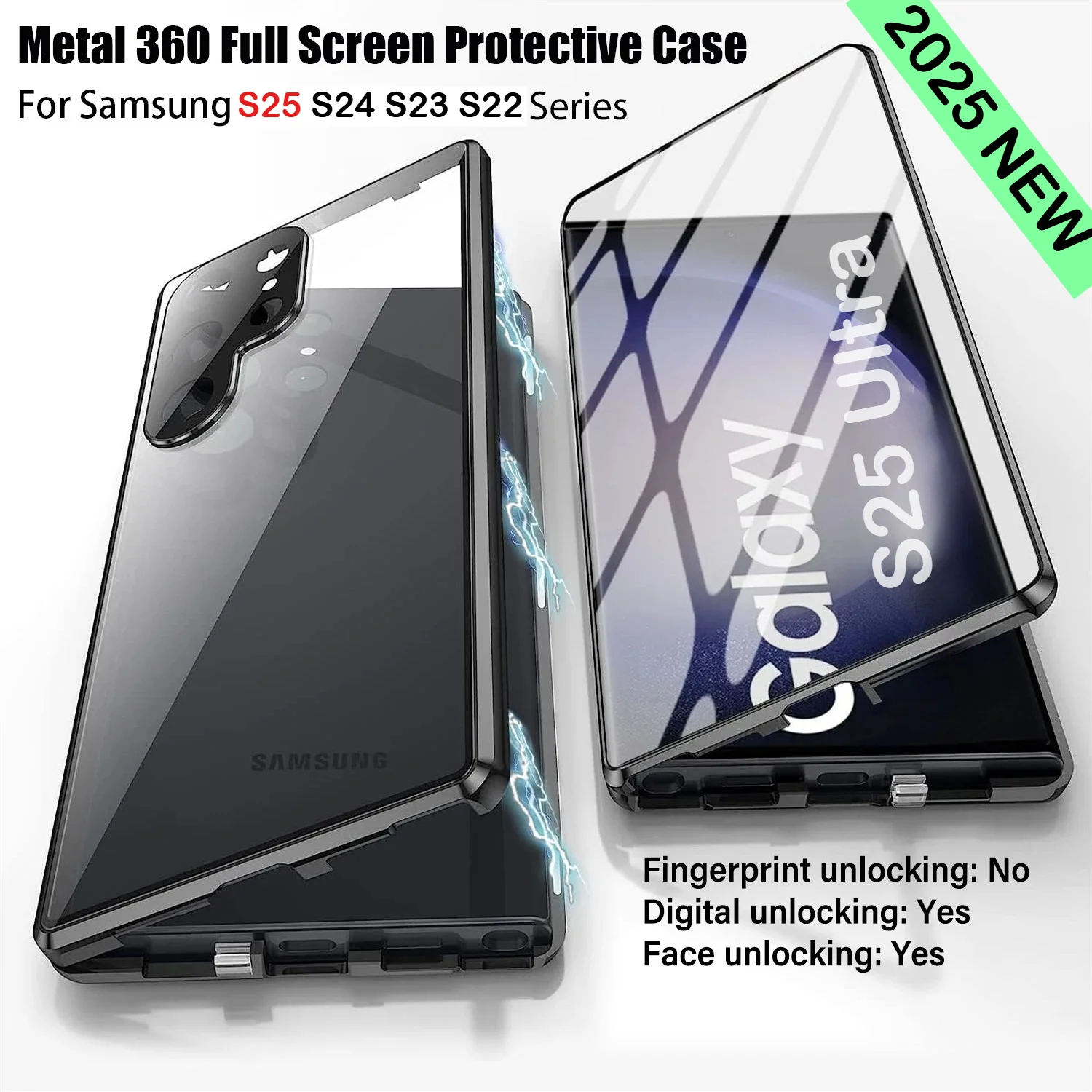 

Для Samsung Galaxy S25 Edge S24 S23 FE S22 Ultra Чехол 360 Полное покрытие из металлического сплава Магнитный объемный экран HD Стекло Защитная крышка