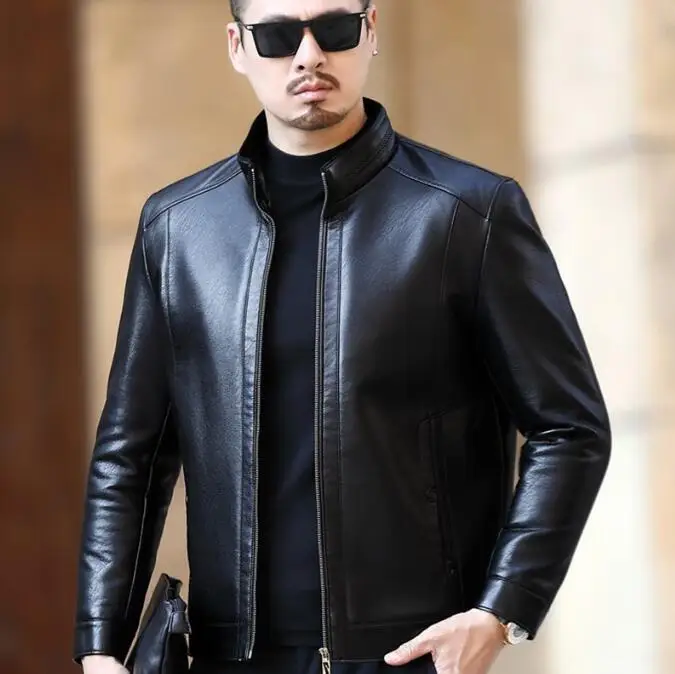 Mens Fashion Leather Jacket Men's Stand-up Collar Business Casual Fur One-piece Men's Super Soft Plush Liner Warm Jacket