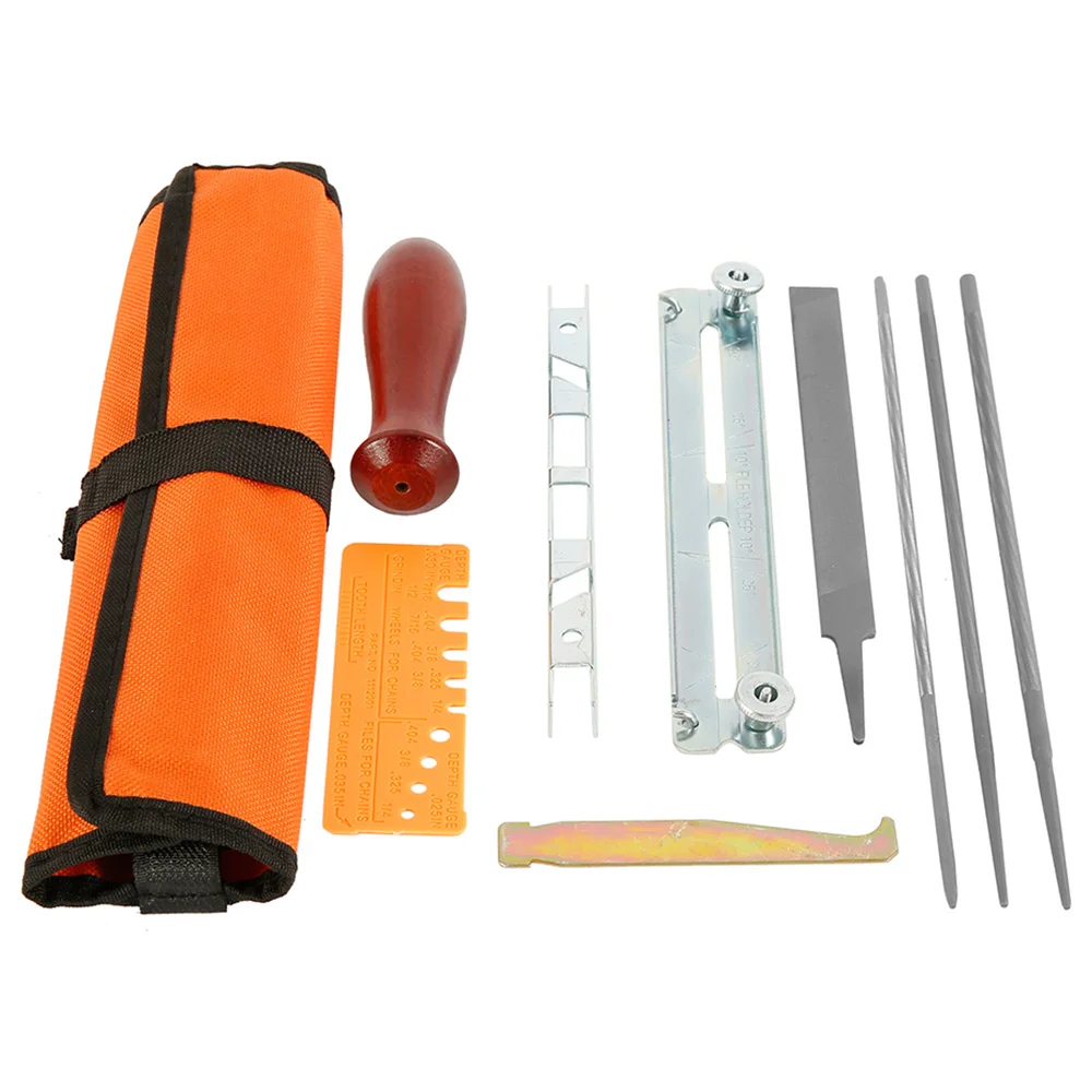 10pcs Chainsaw Sharpener File Kit Universal Chainsaw Field Sharpening Kits Include Flat Files Round Files Depth Gauge Wood Handl