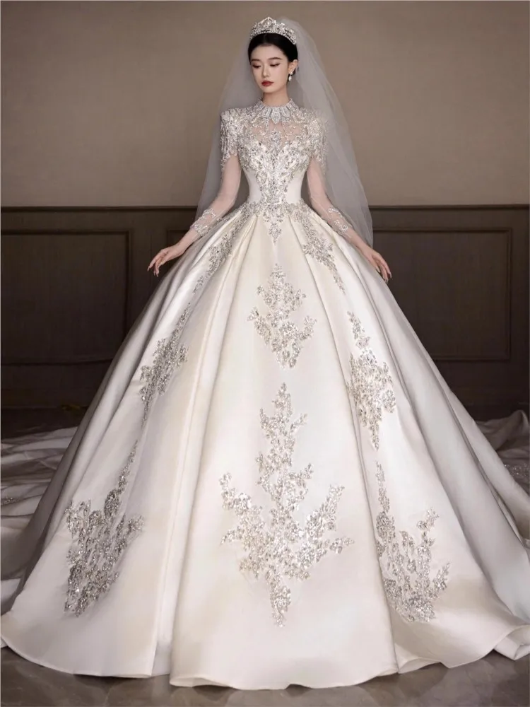 A high-end luxurious and tail-of-the-line dress with high-quality satin main fabric for going out