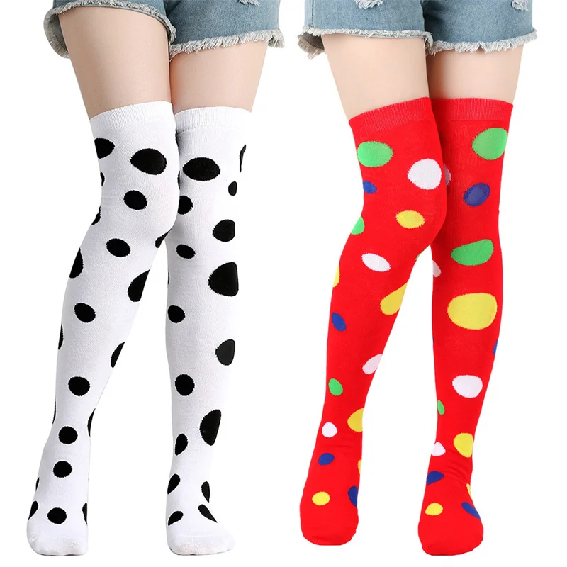 Over 12 Years Old New Year Christmas Cosplay Party Socks Cow Polka Dots Above Knee Knit Long Stockings for Big Girls Women