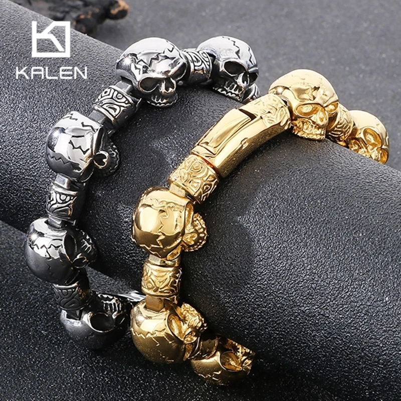 

Kalen Vintage 316L Stainless Steel Skull Bracelet for Men Punk Domineering Accessories Male Charm Party Jewelry Gift 22cm Length